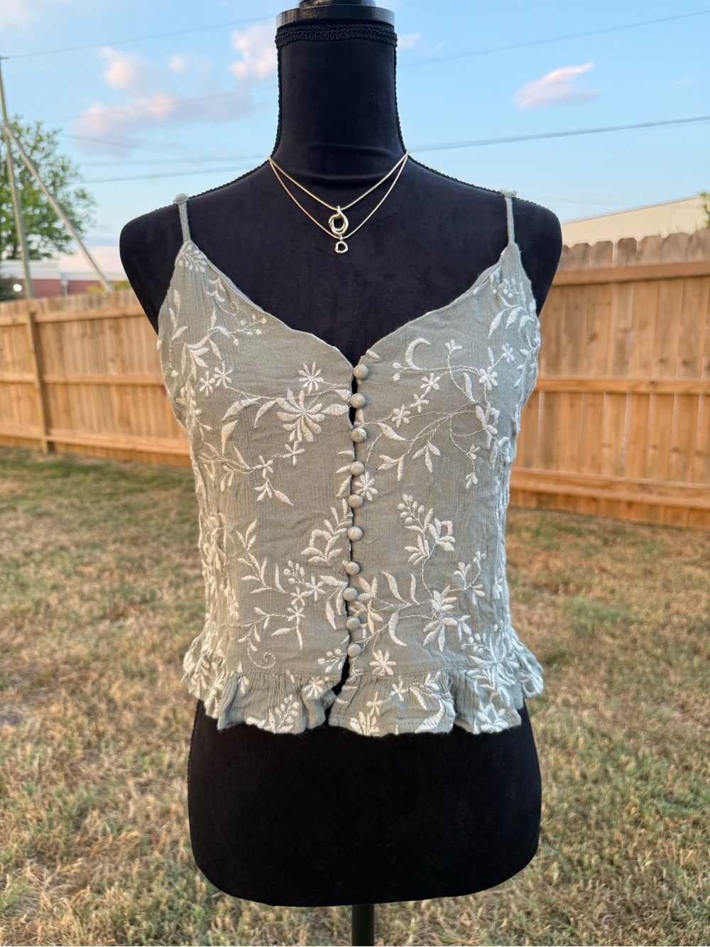 Mustard Seed Sage Green Embroidered Button-Front Cami